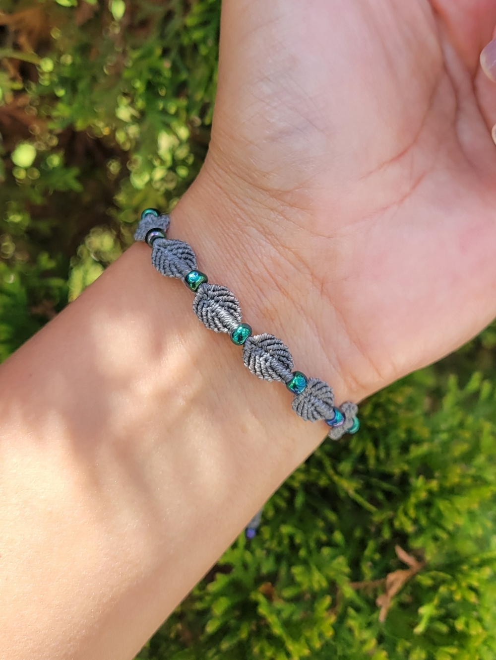Handmade Grey Macrame Bead Bracelet with Green Accents